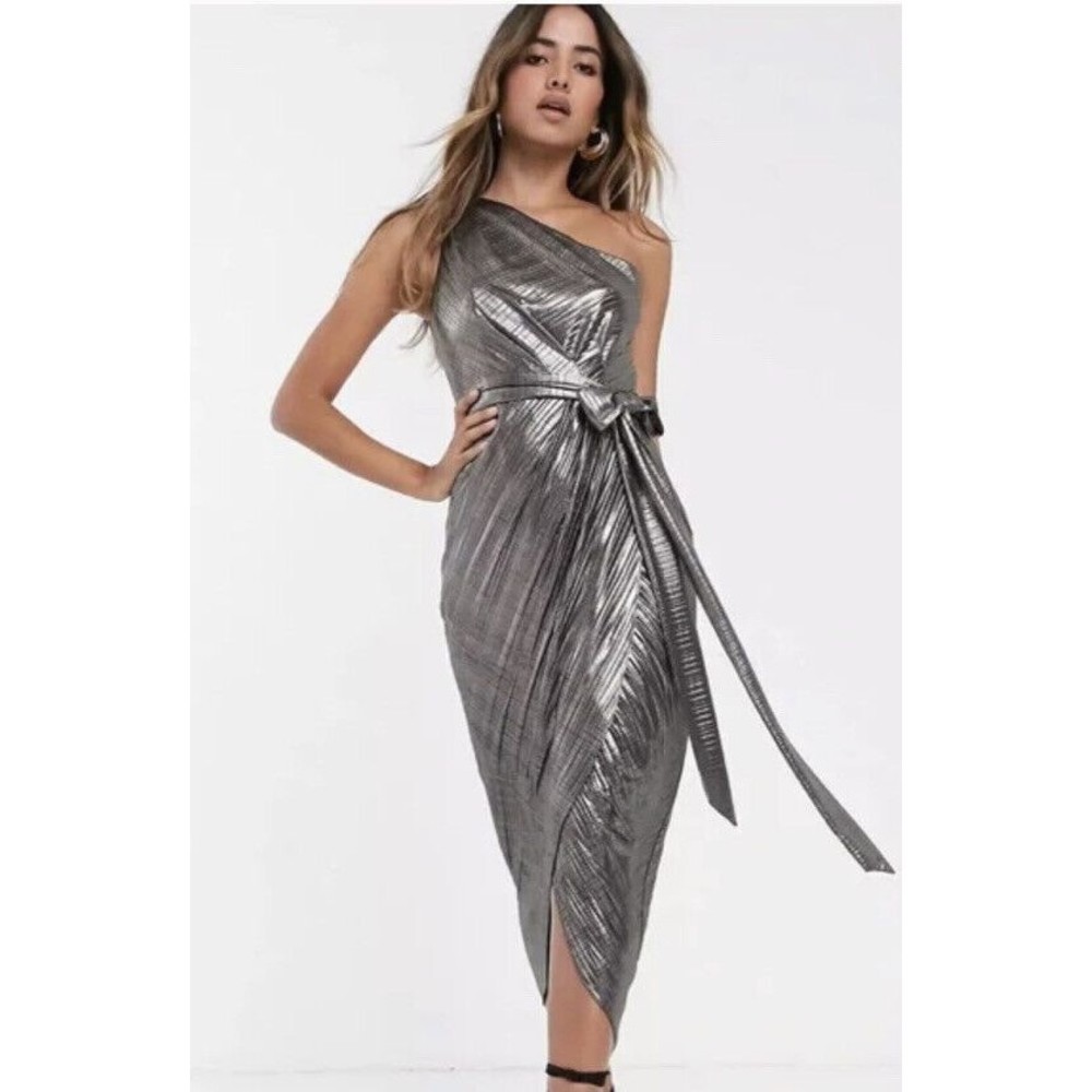 Ted Baker Gabria One Shoulder Metallic Midi Gown Gold Silver No Belt Ted Size 1